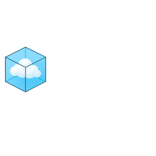 kloudblox main logo with words. A transparent cube with a light blue interior and a white cloud inside the cube.